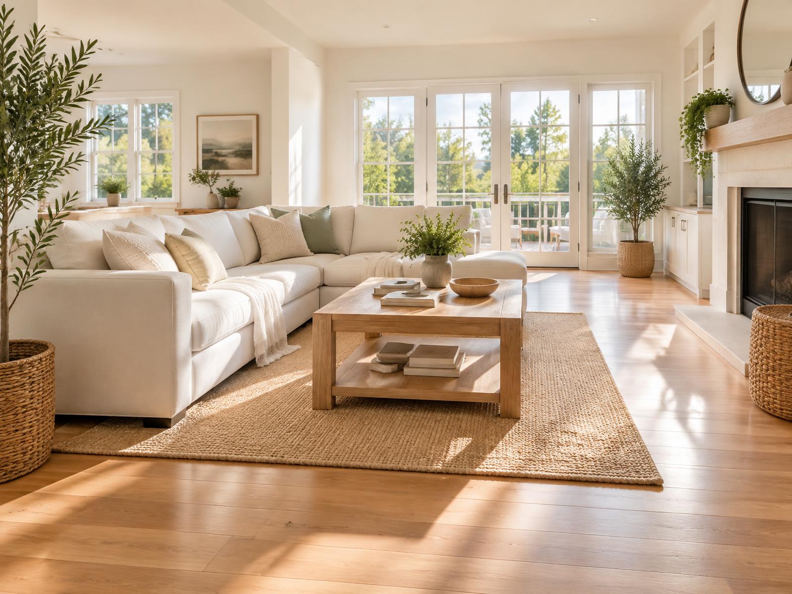 Bright, freshly cleaned living room with sunlight