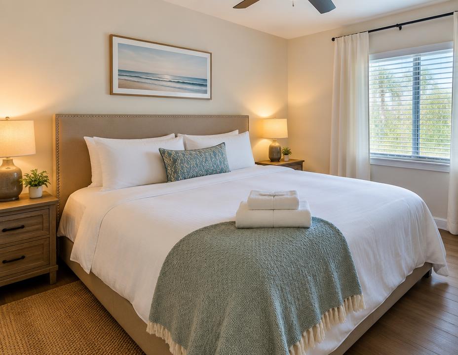 Guest-ready vacation rental bedroom with crisp white bedding