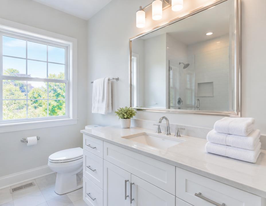 Sparkling clean bathroom with folded fresh towels