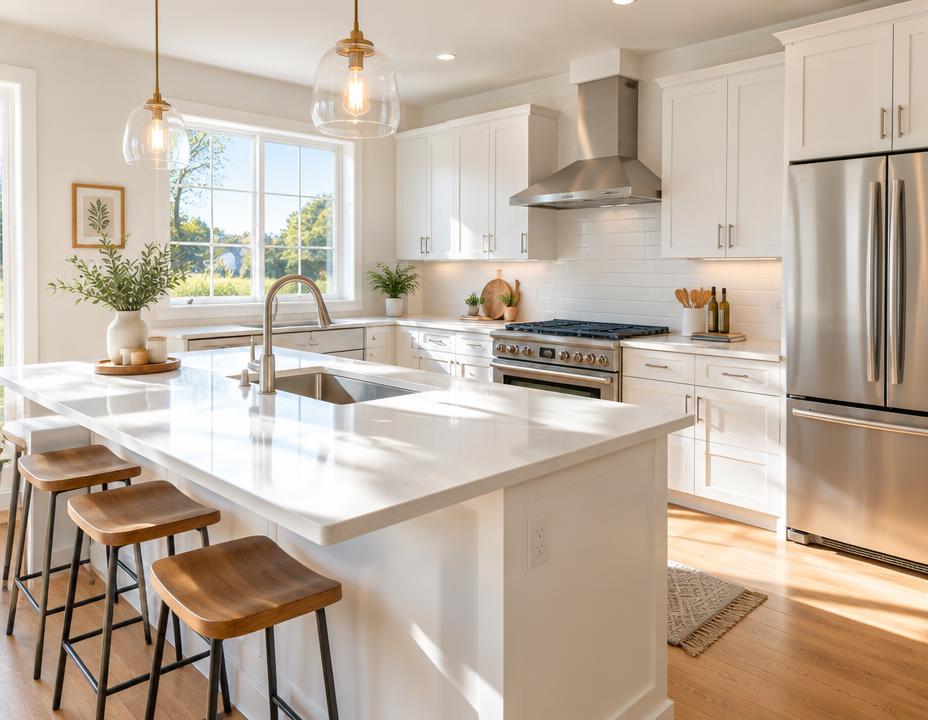 Bright, spotless residential kitchen with white countertops